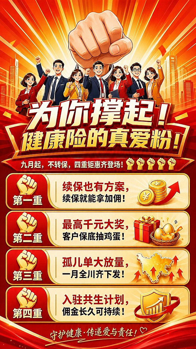 优化海报最上方的大拳头，使其看起来更正常、更自然、比例更协调。拳头应该是一只正常人类的拳头，从画面上方伸出，握拳姿势标准有力，手指关节结构正确自然，皮肤质感真实，比例协调不夸张，拳头大小适中，不要过大或变形。保持红金橙暖色调和扁平插画风格不变，其余画面元素（人物、标题、四重福利卡片、底部装饰）全部保持原样不变。
