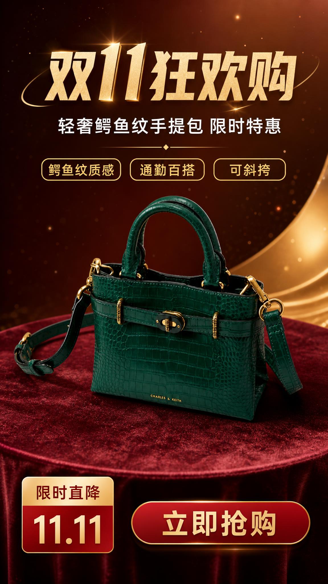 双十一竖版商品营销海报，轻奢通勤风格，写实商业摄影质感。画面主… - 图片创意预览