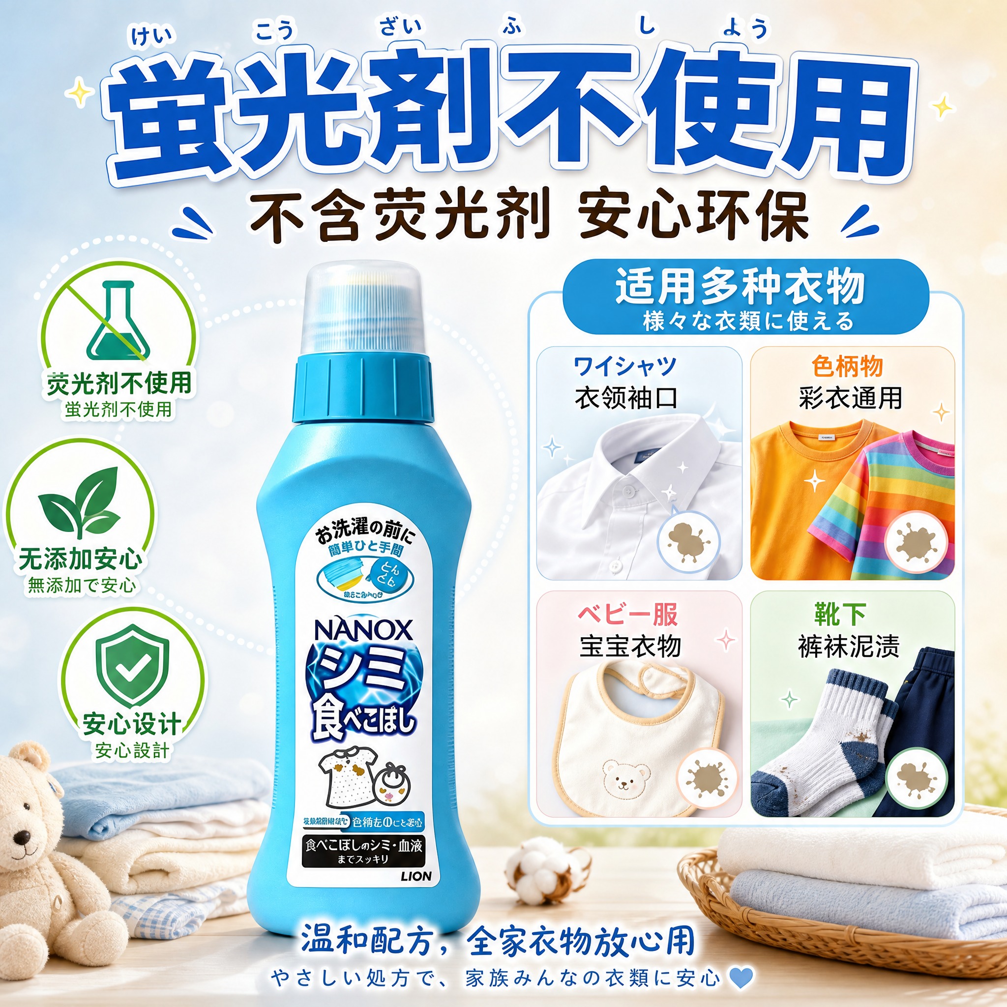 [主图-3] 成分安全与适用场景图 不含荧光剂 全家衣物安心用… - 图片创意预览
