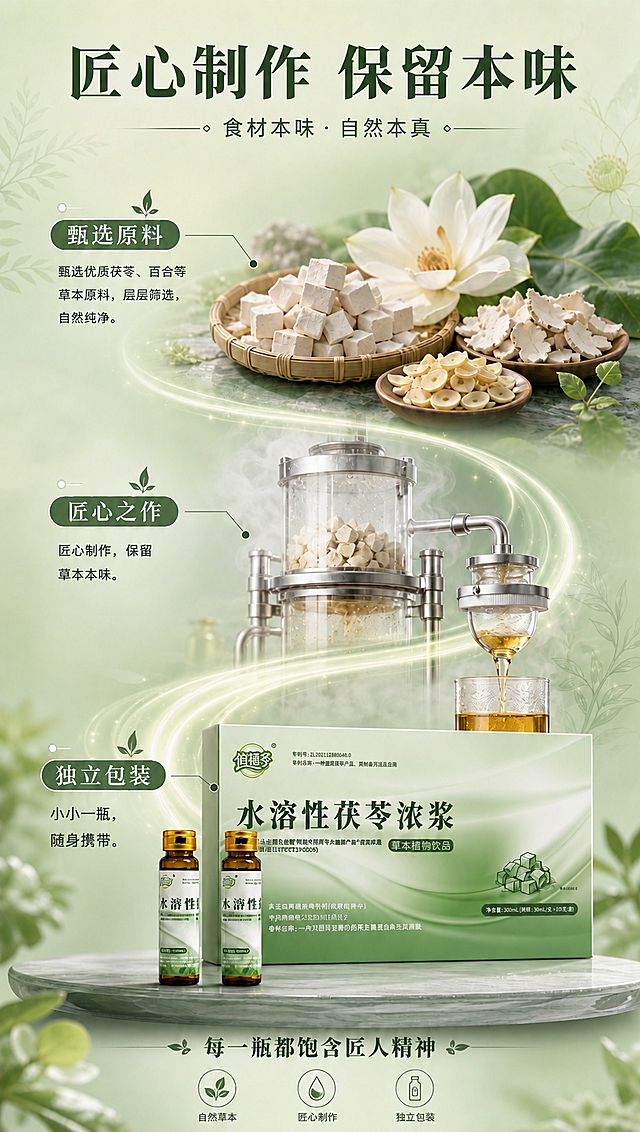 基于这张详情页图片进行修改，保持整体风格、色调、构图、产品、背景完全不变，仅修改以下文字内容：
1. 主标题改为「匠心制作 保留本味」，字体字号颜色位置不变；
2. 副标题改为「食材本味 自然本真」，字体字号颜色位置不变；
3. 第二个小标题「低温萃取」改为「匠心之作」，下方介绍文字改为「匠心制作，保留草本本味。」，卡片样式不变；
4. 第三个小标题「浓缩成浆」改为「独立包装」，下方介绍文字改为「小小一瓶，随身携带。」，卡片样式不变；
5. 底部结语改为「每一瓶都饱含匠人精神」，字体字号颜色位置不变；
6. 底部三个小标题从左到右依次改为：「自然草本」「匠心制作」「独立包装」，对应图标保留，文字样式不变。

所有文字修改后保持原排版对齐、字号、字色、字体一致，画面其余元素完全不变。