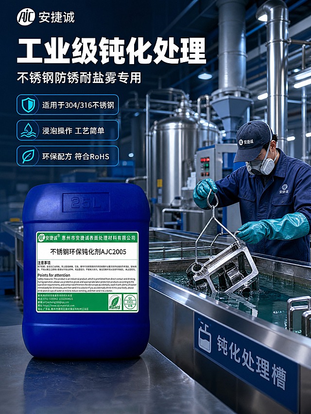 [商品] 使用【图1】安捷诚不锈钢环保钝化剂AJC2005，25L蓝色塑料桶包装，绿色标签；保留桶身形状、颜色、标签文字、Logo、RoHS标识、QC合格标识及所有包装文字，清晰化标签内容，不改变产品结构和外观。
[画面] 页面目标：应用场景图，展示钝化剂在不锈钢表面处理工厂车间的真实应用环境。构图：左前景放置产品桶，右中景为不锈钢工件浸泡钝化处理槽/生产线场景，工人佩戴防护手套操作不锈钢工件；背景为现代化工业厂房，不锈钢管道、反应釜、通风设备等工业元素；产品占画面约40%，场景占60%；前中后景层次分明，前景产品桶清晰，中景操作区生动，背景厂房虚化。
[视觉] 套系策略：风格=工业科技风商业摄影；标题字=粗黑无衬线工业字体；正文字=简洁无衬线体；主色=深蓝+科技蓝；背景延展=基于深蓝做深浅渐变、金属质感和工业光影层次；强调色=荧光青，仅用于小面积图标、引线和数据标签；标题色=白色/深蓝；正文色=浅灰/白色；组件=圆角深蓝信息卡、细线引线、工业图标；光影=侧前冷调工业光，产品桶受光均匀，场景有明暗对比。
[文字] 左上主标题"工业级钝化处理"，副标题"不锈钢防锈耐盐雾专用"，下方3个短卖点："适用于304/316不锈钢"、"浸泡操作 工艺简单"、"环保配方 符合RoHS"；文字区左上排布，不遮挡产品主体和关键操作画面；所有文字横向排版。
[规格] 图片比例3:4竖版，4K，负向提示：避免变形、错字、文字过小、产品颜色改变、标签模糊、人物面部清晰、暖色调主导、非工业场景。