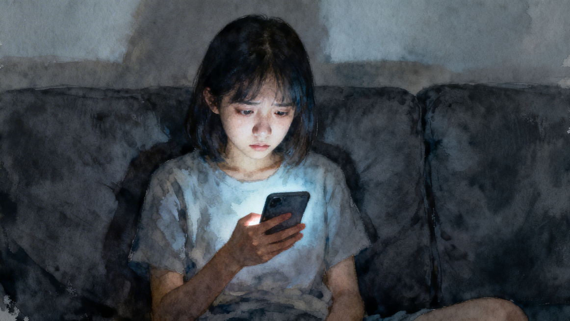 水彩风格横图，女孩坐在沙发上，手里拿着亮屏手机，表情犹豫迷茫，光线偏暗，营造内心挣扎感预览效果