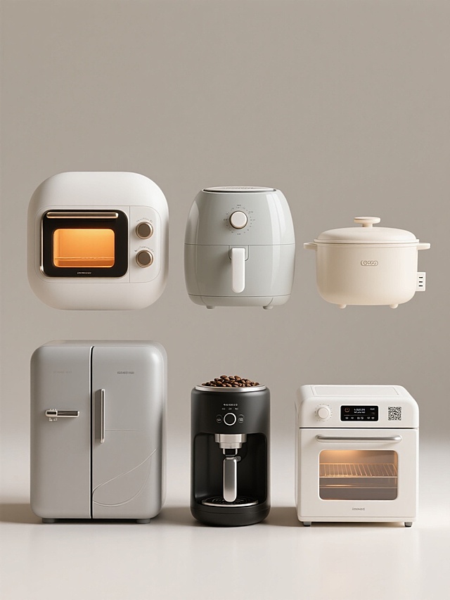 一套6个厨房小家电产品的系列素材集合，每个产品均采用现代简约3D渲染风格，主体为圆润的几何体造型，表面光滑带有细腻的哑光质感，搭配局部高光金属点缀，统一为纯色背景（非白色，可变换为浅灰或米色系），整体画面色彩调整为柔和的中性色调，所有产品正面均有透明观察窗设计，窗内透出温暖的橙黄色灯光效果，从左到右、从上到下规整排布，依次为：设计简洁的白色微波炉（顶部有两个旋钮，正面带把手和观察窗）、浅灰色空气炸锅（双旋钮控制，正面中部有白色长条形把手）、米白色电饭煲（顶部圆形开盖按钮，侧面有电源接口）、银灰色双开门冰箱（门上有简单的线条装饰，门把手为长条形）、黑色咖啡机（顶部有咖啡豆容器，正面有操作按钮和出水口）、白色烤箱（正面有透明观察窗和下拉式门把手，控制面板在顶部），所有产品均无品牌LOGO、文字信息及二维码，构图对称平衡，光影柔和自然，营造出干净、现代、温馨的厨房电器产品展示效果。