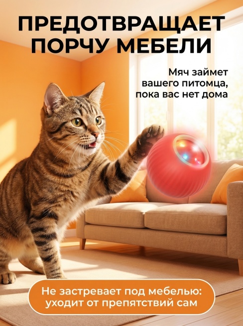 智能互动遛猫球活泼暖萌主图，红色遛猫球在画面右侧，虎斑猫咪伸爪触碰球，姿态活泼，背景是明亮客厅，暖橙色墙面和浅棕色沙发，充足自然光。顶部俄文主标题"ПРЕДОТВРАЩАЕТ ПОРЧУ МЕБЕЛИ预览效果