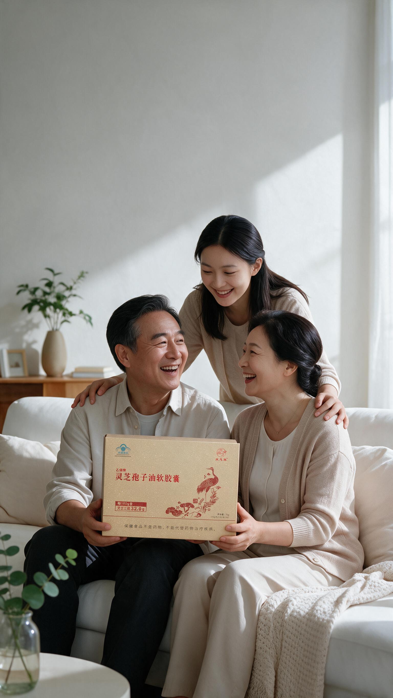 将图中父母手中捧着的灵芝孢子油礼盒替换为第二张图中的乙缘牌灵芝… - 图片创意预览