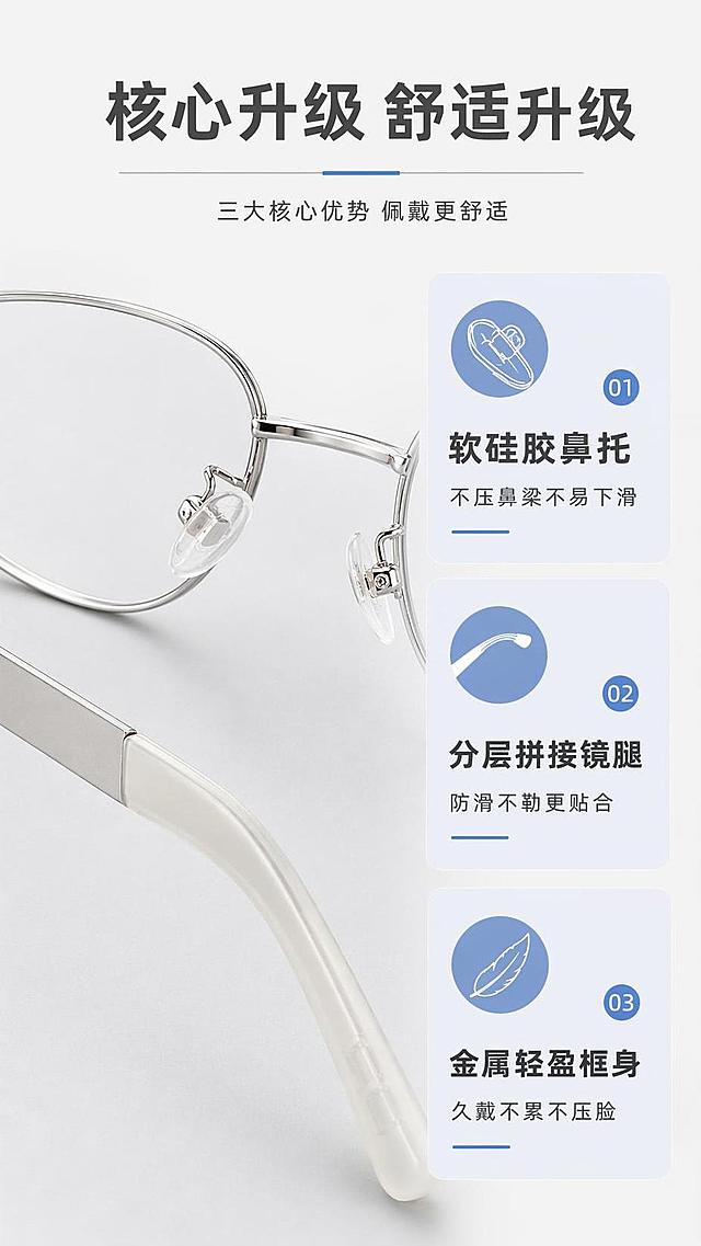 [第3屏] 核心卖点总览，汇总本款眼镜三大核心优势。本屏使用【图1】作为细节展示。
[氛围/风格] 简约专业风，浅灰背景，图文并茂，清晰易读
[元素布局] 左栏大图展示眼镜细节，占比约50%，右栏三个卖点卡片纵向排列；每张卖点卡片配图标和文字说明，排版错落有致，突出每个卖点价值。保持产品细节和输入图一致。
[光影质感] 均匀柔和光线，产品清晰有质感，卡片层次分明。
[配色色系] 全局底色 #f5f5f5；主色银白+半透白产品，深灰文字，浅蓝卡片点缀
[视角构图] 左图右文的二分栏构图，阅读动线从上到下，从左到右。
[文字版式] 顶部主标题「核心升级 舒适升级」，右栏三个卖点分别为：1. 软硅胶鼻托 · 不压鼻梁不易下滑；2. 分层拼接镜腿 · 防滑不勒更贴合；3. 金属轻盈框身 · 久戴不累不压脸。主标题加粗放大，卖点文字清晰大小适中适配移动端。
[比例分辨率] 9:16 竖版比例，4K分辨率，高清画质
[负向提示词] 产品变形，颜色偏差，缺件错件，文字错乱，文字过小，水印