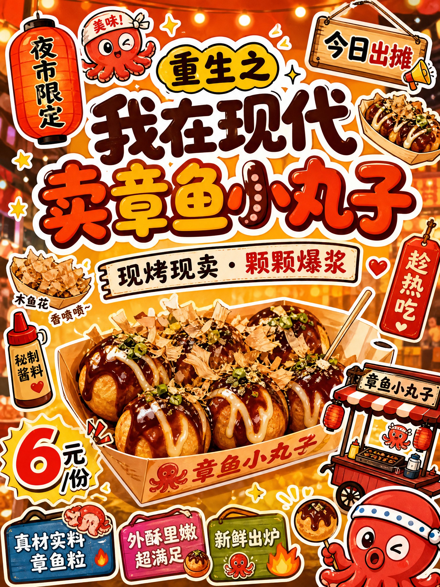 地摊章鱼小丸子宣传海报，卡通涂鸦潮流风格，活泼有趣市井烟火气。… - 图片创意预览
