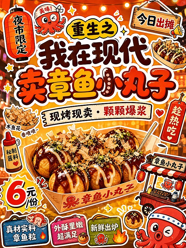 地摊章鱼小丸子宣传海报，卡通涂鸦潮流风格，活泼有趣市井烟火气。画面中央大字号主标题："重生之我在现代卖章鱼小丸子"，字体圆润可爱带描边。副标题："现烤现卖 · 颗颗爆浆"。周围散布多个贴画风格小元素：章鱼小丸子贴纸、Q版章鱼贴纸、夜市灯笼贴纸、小推车贴纸、木鱼花贴纸、酱料瓶贴纸、"趁热吃"标签贴纸、"夜市限定"标签贴纸、"今日出摊"标签贴纸、"6元/份"价格贴纸。背景为暖橙黄色渐变，点缀星星点点的光斑和烟火气，整体氛围热闹温馨接地气。画面底部有三个卖点小标签："真材实料章鱼粒"、"外酥里嫩超满足"、"新鲜出炉"。版式精美，元素错落有致，色彩鲜艳饱和，充满夜市地摊的欢乐氛围。画面中所有信息区域必须填充完整合理的内容，不得出现空白框或待填写区域。