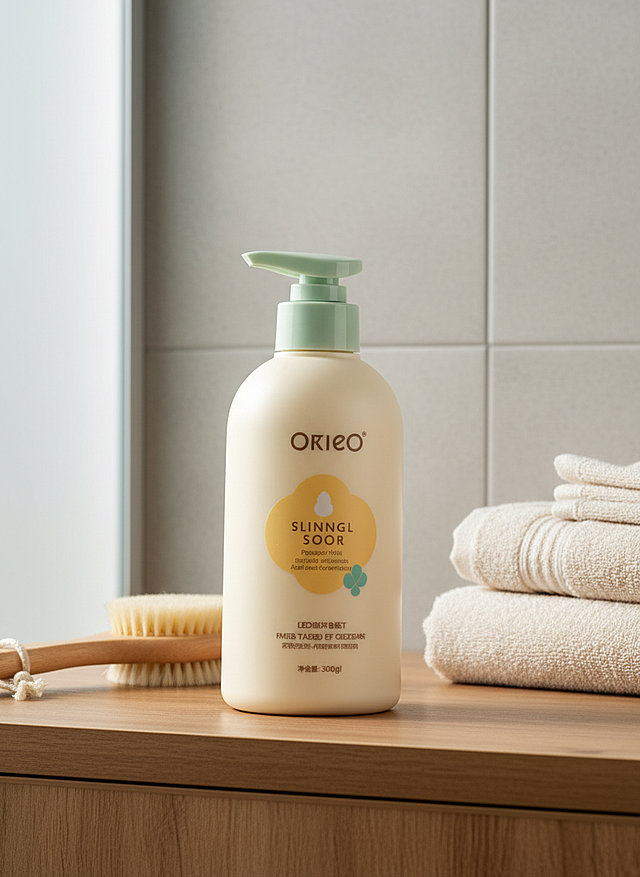 制作这瓶沐浴露的电商主图，把它放在治愈的浴室场景，旁边有浴巾和刷子