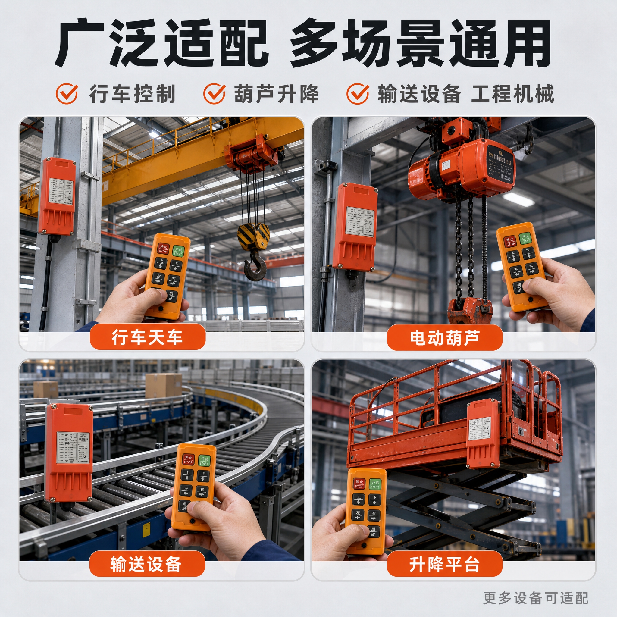 [主图-4] 适用场景与操作展示图，展示工业无线遥控器在多种工… - 图片创意预览