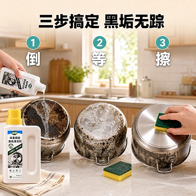 [主图-4] 垛柔锅底黑垢清洁剂 真实使用场景与步骤演示 突出操作简单
[统一基调] 抖音风格 场景化真实感 家庭厨房实拍氛围 主色调用暖白+浅木色+清透蓝绿点缀 标题用粗黑无衬线大字 辅助文字用中等粗细无衬线体 整体温馨实用
[画面] 画面采用上中下三步流程构图 展示使用垛柔锅底黑垢清洁剂的完整步骤 背景是真实的家庭厨房场景 浅木色橱柜 白色台面 自然光从窗户照入 第一步左侧 倒 一只手拿着产品瓶身往锅底黑垢处倒清洁剂 液体流动质感真实 第二步中间 等 涂满清洁剂的锅底静置 旁边放一块百洁布 有轻微气泡冒出 第三步右侧 擦 手拿着百洁布擦拭锅底 露出光亮的金属面 产品瓶身放在画面左下角 完整展示 标签清晰 顶部大标题写三步搞定 黑垢无踪 每一步上方标注序号和动作词
[光影质感] 真实家庭厨房实拍质感 自然光柔和温暖 产品光影自然融入场景 接触阴影真实 无悬浮感 整体明亮温馨 有生活气息
[配色] 背景为真实厨房场景色 暖白+浅木色为主 标题字色为深黑色 步骤序号用清透蓝绿色圆形底白字 整体温馨自然 洁净感与生活感平衡
[文字版式] 顶部居中大标题三步搞定 黑垢无踪 粗黑无衬线字体 字号最大 三个步骤横向均匀排列 每个步骤上方是蓝绿色圆形序号1 2 3 下方是动作词倒 等 擦 白色粗体字 字体统一无衬线 层级分明
[输出要求] 比例1:1 文字清晰可读 产品清晰不变形 手部动作自然真实 无错字 无水印 无平台logo 禁止手部畸形 禁止产品悬浮 禁止场景拼接违和