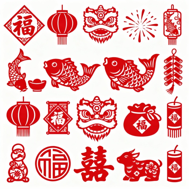 中国风矢量红色新年元素组合，包含福字、灯笼、鱼、醒狮、鞭炮等25个独立传统吉祥符号，剪纸风格线条设计，白色背景，元素排列整齐，适合春节海报、包装、贺卡使用预览效果