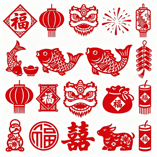 红白剪纸风设计，融合福字、灯笼、舞狮、鱼等中式元素，喜庆浓郁，民族气息浓厚，采用单色剪影与超级符号手法，皮影风格点缀，传递春节祥瑞氛围。