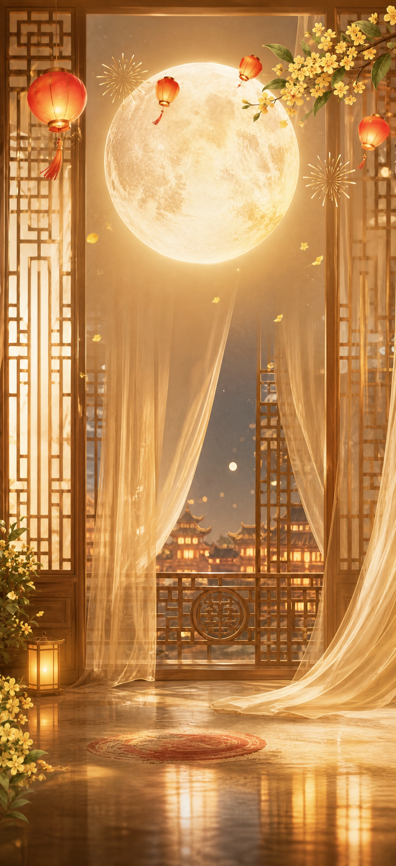 保留原图中的背景场景（满月、中式窗格、古建筑、纱帘、桂花、灯笼… - 图片创意预览