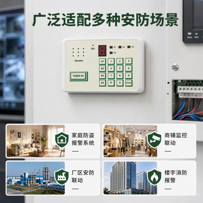 「图片1」，生成一套主图（5张），商品名称是xxx，卖点是xxx，适配淘宝/天猫平台，主图比例为1:1
型号：TIGER-911
主要功能
1. PSTN有线电话通信；
2.触发报警后可循环拨打4组电预览效果