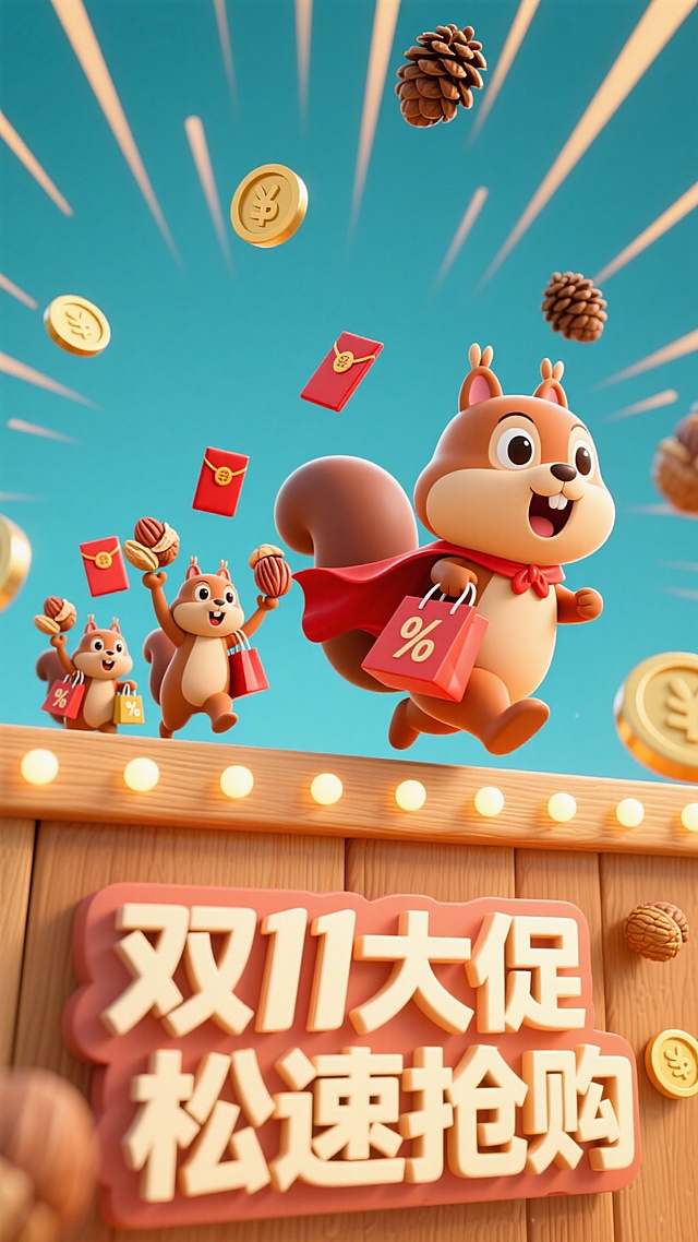 可爱松鼠们带红包购物袋，开启双十一大促 “松速抢购” 狂欢。