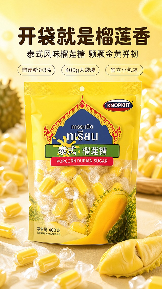 [商品] 使用【图4】【图6】KNOPKHT包装袋正视图为主参考，【图1】散装独立包装糖粒、【图3】多袋陈列、【图2】提袋实拍为辅助。保留黄色包装袋造型比例、顶部蓝色泰式纹样与红色描边、椭圆品牌标"KNOPKHT"、泰文"การะเบิด ทุเรียน"、绿色条"泰式·榴莲糖"、红色条"POPCORN DURIAN SUGAR"、左下"净含量:400克"及右侧榴莲果肉图案；糖粒保留明黄椭圆爆米花造型、透明扭结包装纸褶皱反光与真实比例；包装文字不翻译、不改写、不新增，仅清晰化并做光影融合。
[画面] 头图／食欲氛围，产品海报型：上图下文居中构图，KNOPKHT包装袋立于画面中下区占约65%，前景左右散落数颗独立包装糖粒与一小块金黄榴莲果肉（约15%），后景为暖黄虚化的糖粒堆与柔光晕。中近景，平视微俯，阅读动线自上而下：主标题→副标题→标签→产品。
[视觉] 套系策略：风格=热带榴莲主题高饱和商业摄影，明亮通透；标题字=粗圆体；正文字=细黑体；主色=阳光明黄；背景延展=明黄到奶油白深浅渐变，叠淡黄柔光晕与细腻哑光糖霜质感；强调色=深果肉黄，仅用于小面积标签图标与细线；标题色=深可可棕；正文色=暖褐灰；组件=圆角奶油白色块与细线圆角胶囊标签；光影=左前侧暖柔光配柔和接触阴影。
[文字] 顶部主标题"开袋就是榴莲香"，其下副标题"泰式风味榴莲糖 颗颗金黄弹韧"，底部三枚胶囊标签"榴莲粉≥3%""400g大袋装""独立小包装"；全部横向排版，不遮挡包装袋主体、品牌标与泰文纹样。
[规格] 图片比例9:16竖版，4K，避免变形、错字、文字过小、竖排或旋转文字、冷蓝蓝灰冷灰背景、包装颜色与文字改变、品牌标错乱、平台Logo与水印、条形码、绝对化用语。