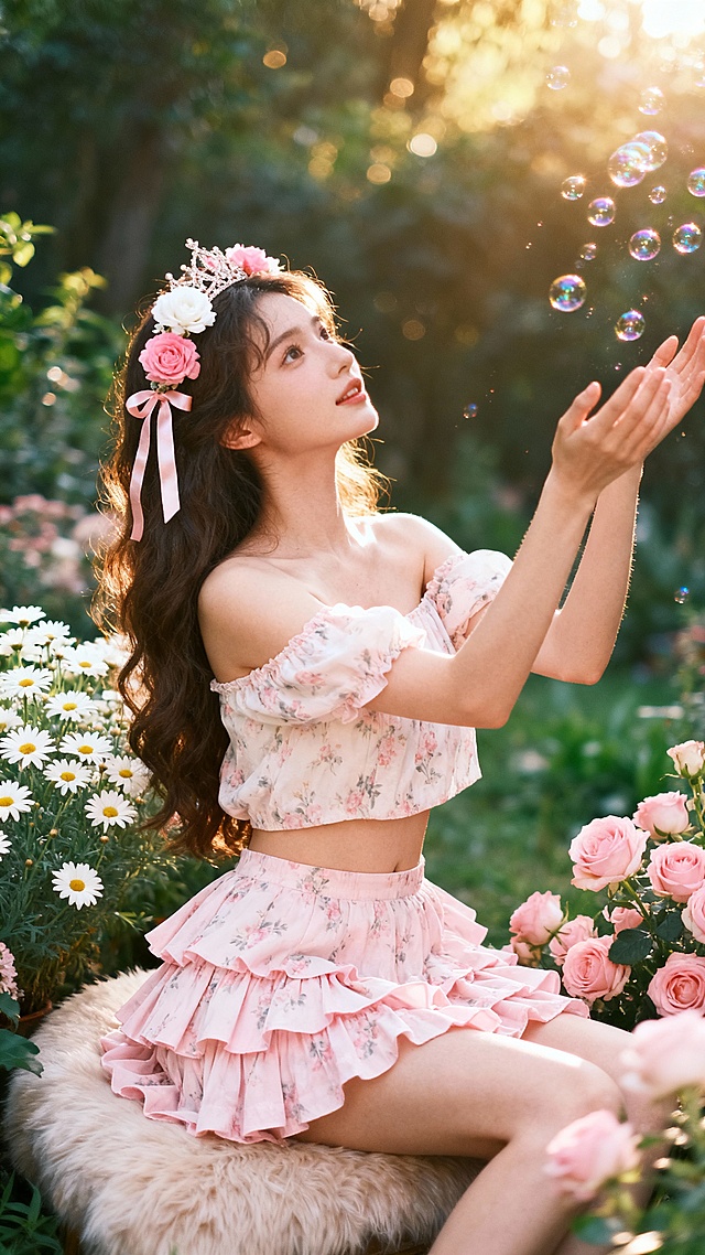 法国漂亮女生，梦幻森系少女写真：长发女生戴鲜花发冠（粉白花朵 + 丝带），穿浅粉碎花露肩短款上衣 + 同色系蛋糕短裙，坐在毛绒软垫上，身处绿植与粉白雏菊、玫瑰簇拥的花园里，双手轻触带闪片的泡泡，暖金色阳光透过枝叶形成光斑，画面柔美朦胧，氛围童话感十足，呈现高清柔光人像质感。”