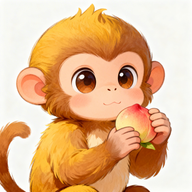 可爱Q版申猴，圆滚滚的软萌造型，大大的水汪汪眼睛，毛色棕黄柔和，正抓着小小的桃子，神态灵动俏皮，色彩明亮治愈，卡通插画风格，纯色简约背景，整体风格软萌可爱预览效果