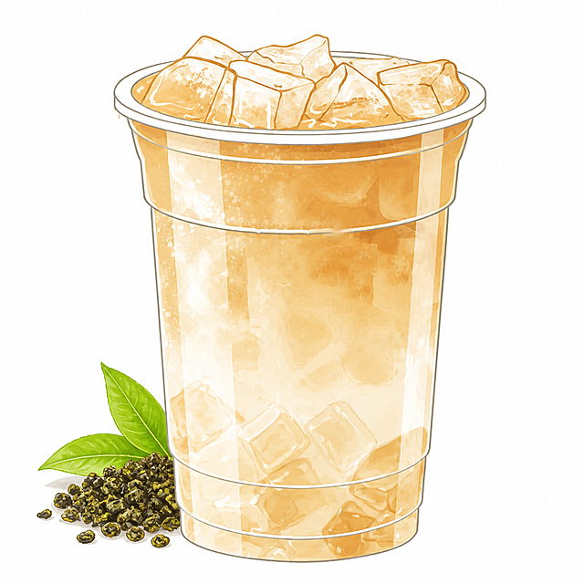参考图片的手绘插画风格，画一杯透明塑料杯装的四季乌龙奶茶，加入冰块，画面清爽干净，白色背景