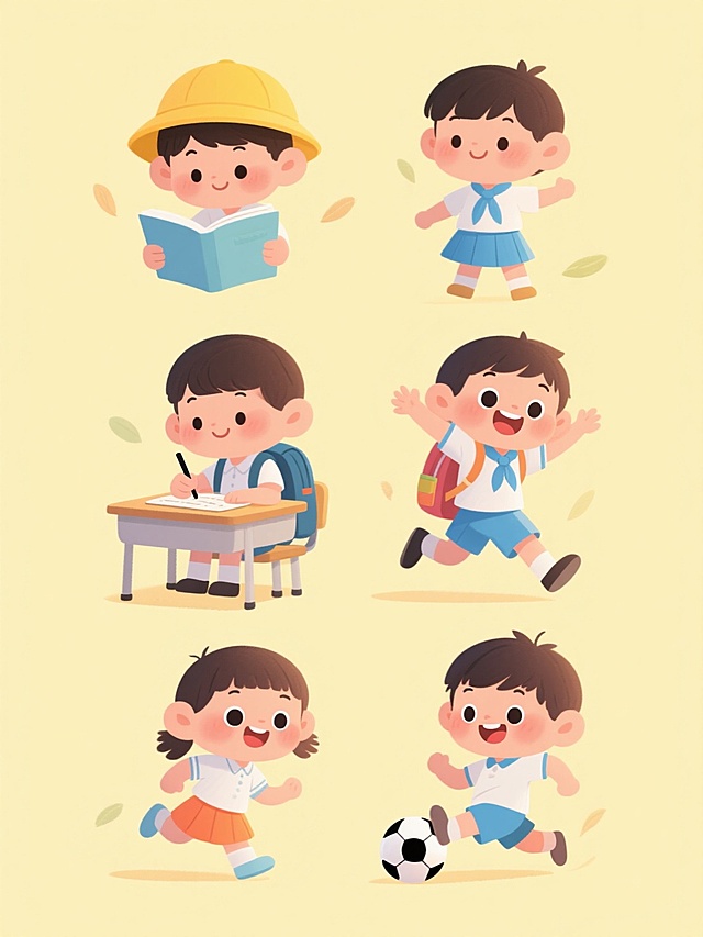一套6个规整排布的卡通儿童系列插画，整体采用统一的明亮纯色背景（非原图像色彩），保持原图像的可爱Q版手绘风格，圆润的线条，柔和的渐变色彩，高光和阴影的细腻处理，以及简洁的构图。每个画面中都有一个穿着校服（白色上衣、蓝色领巾、不同颜色短裤/裙子）的亚洲儿童，动作各不相同：第一个孩子戴着黄色帽子正在专注地看书，第二个孩子坐在书桌前认真写作业，第三个孩子背着书包准备上学，第四个孩子张开双臂欢呼跳跃，第五个孩子正在欢快地跑步，第六个孩子抬脚用力踢着足球。每个孩子都有着大大的眼睛，灿烂的笑容，周围点缀着几片轻盈的叶子，整体氛围活泼、阳光、充满童真。所有元素排布整齐有序，形成一个和谐统一的系列素材集合。