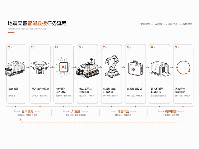 工业设计作品集信息图，地震灾害智能救援任务流程图，横向4:3构图，白色背景，高级极简工业设计风格，深灰黑+橙色为主色。

画面内容：从左向右水平排列8个流程步骤节点，每个节点配一个简洁的工业设计线稿图标，节点之间用橙色细箭头连续连接，形成完整闭环流程。

8个步骤依次为：
1. 装备部署 - 运输装备线稿图标
2. 无人机升空探测 - 无人机线稿图标
3. AI分析与任务分配 - AI芯片线稿图标
4. 无人车前往目标区域 - 履带式无人救援车线稿图标（白色深灰车身、橙色警示条纹、顶部嵌入式无人机舱、车顶传感器）
5. 机械臂清障开辟通道 - 多自由度机械臂线稿图标
6. 急救物资投送 - 急救包线稿图标
7. 无人机返航自动回充 - 充电舱线稿图标
8. 再次升空循环探测 - 循环箭头图标

视觉风格：
- 细线框、圆角信息卡片、模块化网格布局
- 技术标注线、流程箭头、节点连接
- 简洁线性图标，矢量感
- 橙色作为核心强调色，用于箭头、关键词、高亮节点
- 深灰黑用于主线条和图标
- 浅灰银灰用于辅助线和背景模块
- 留白充足，信息图占主要面积
- 文字为短句关键词，现代无衬线字体
- 突出"空中探测—AI决策—地面作业—循环探测"的系统关系

严格要求：
- 不要人物，不要复杂背景，不要赛博朋克，不要霓虹光效
- 不要紫色、蓝色渐变
- 不要大面积连续文字
- 不要装饰性科技光效
- 整体像工业设计作品集中的研究分析图
- 履带式无人救援车造型准确：中型尺寸、白色/深灰色车身、橙色警示条纹、顶部嵌入式无人机舱、多自由度机械臂、车顶传感器、多传感器系统
- 高清，矢量感，专业作品集级别