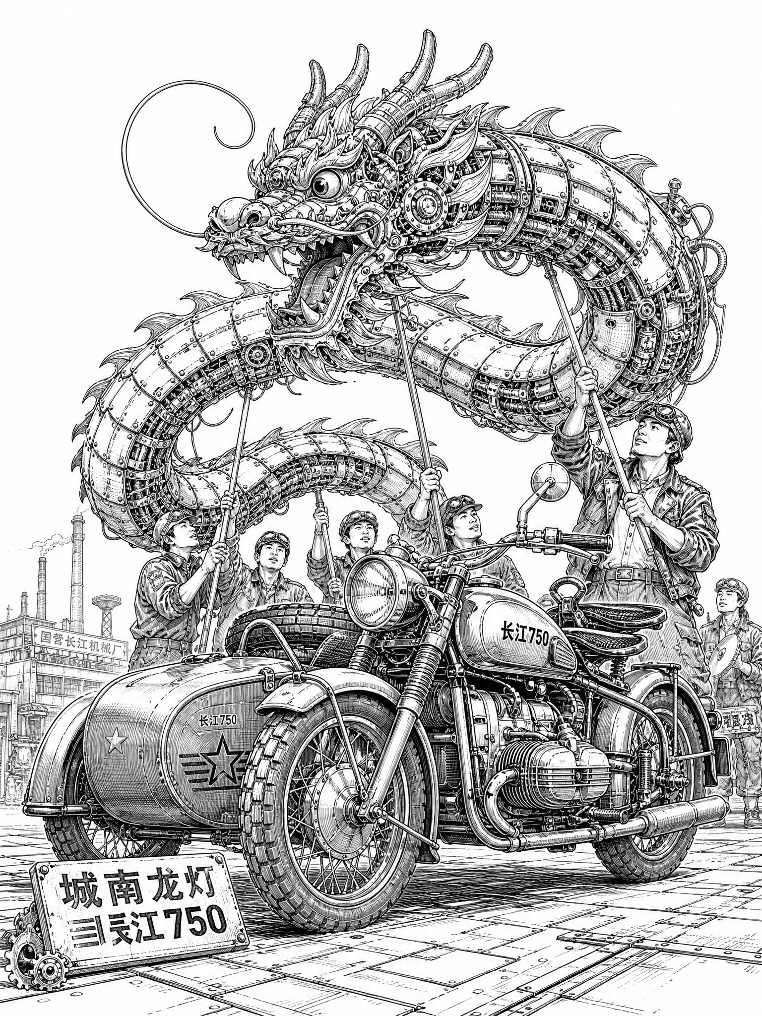城南龙灯与长江750摩托车结合的比赛作品插画，偏现代机械风格。… - 图片创意预览