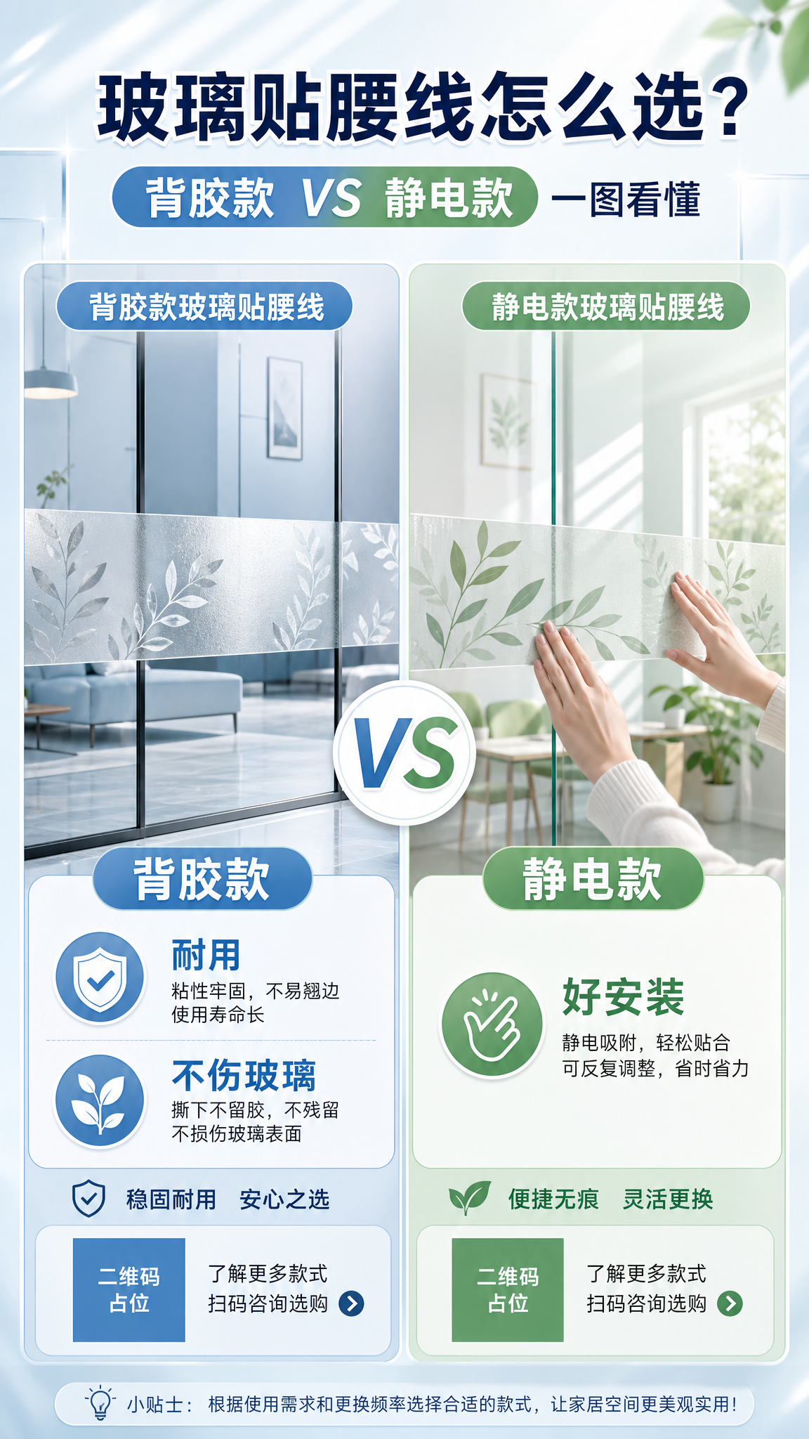 一张玻璃贴腰线选购对比海报，竖版9:16，清新简约家居风格。画… - 图片创意预览