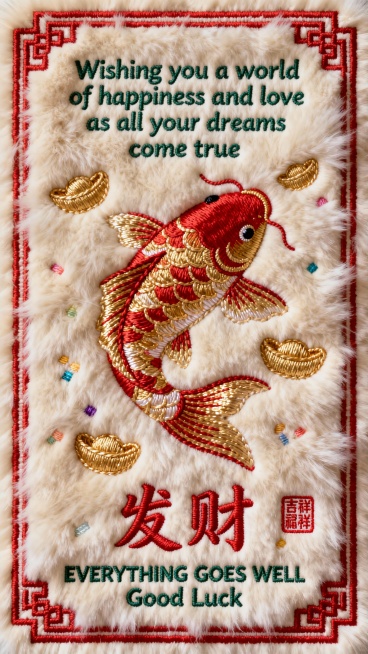 米白色背景，画面中心是一条红金的锦鲤，周围装饰着金色元宝，点缀少量彩色。画面上方有墨绿色英文祝福语"Wishing you a world of happiness and love as all y预览效果
