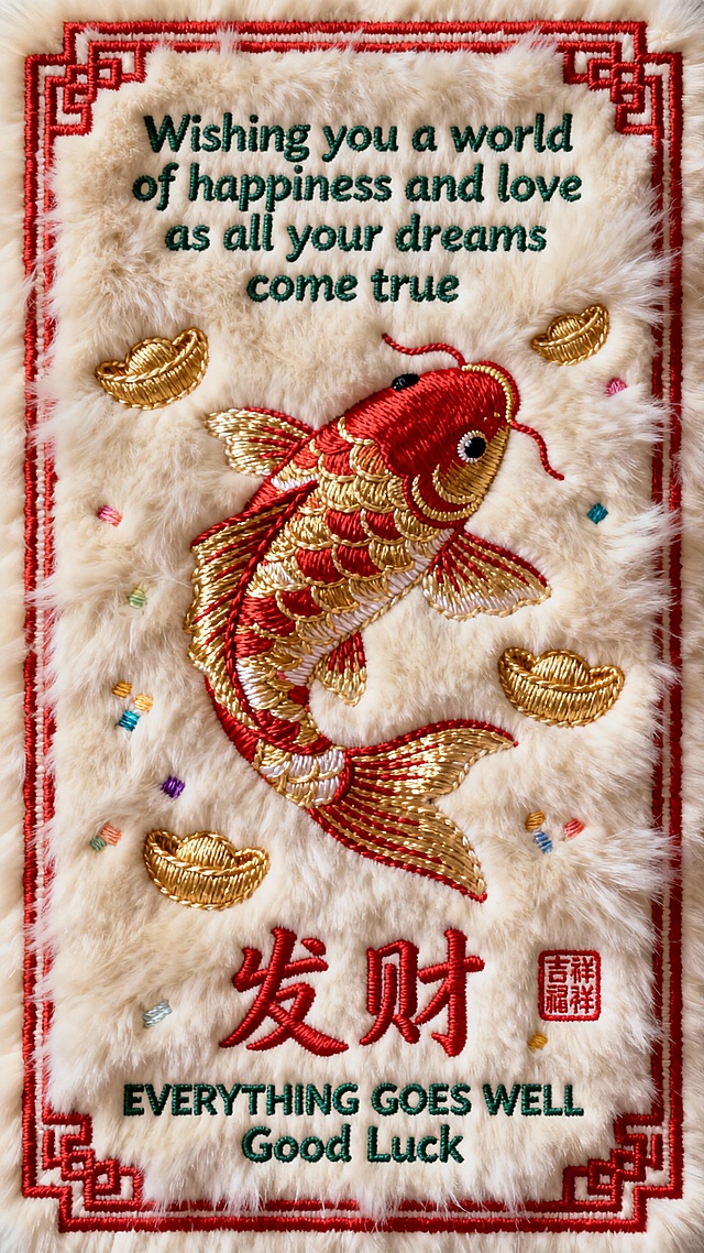 米白色背景，画面中心是一条红金的锦鲤，周围装饰着金色元宝，点缀少量彩色。画面上方有墨绿色英文祝福语"Wishing you a world of happiness and love as all your dreams come true"，下方有红色中文"发财"大字，底部有墨绿色英文"EVERYTHING GOES WELL Good Luck"。四角有红色传统花纹边框，以及红色的印章式纹样，印章内有象征吉祥的文字。整体构图对称均衡