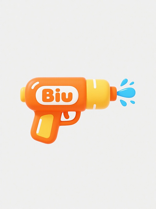 一张简约现代风格的橙色系元素图案，主体为一把卡通风格的水枪，水枪以明亮的橙色为主色调，枪身有黄色渐变细节和白色装饰线条，枪口处有橙色的“Biu”字样和蓝色的水花喷射效果，整体造型圆润可爱，线条流畅，置于纯白色背景中央，图案规整排布，无任何文字、logo或水印。