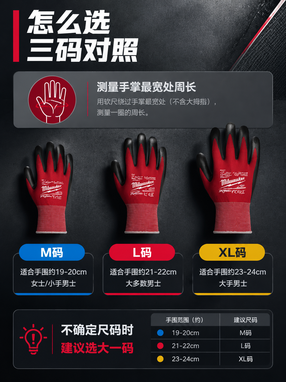 [详情页-8] 尺码选型对照页，L/M/XL三码对照与手围测量… - 图片创意预览