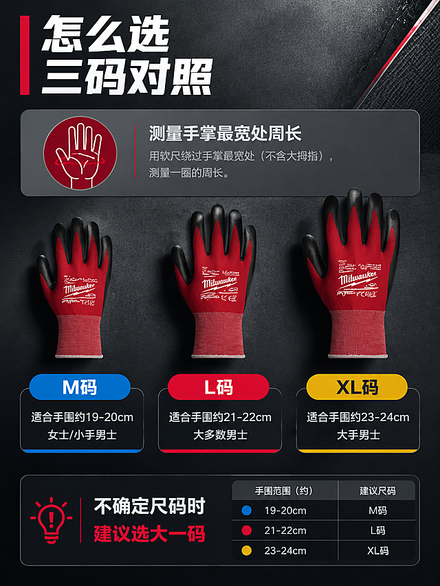 [详情页-8] 尺码选型对照页，L/M/XL三码对照与手围测量指引。
[商品] 使用新图同款美沃奇手套；三码仅大小不同，外观颜色一致。
[画面] 页面目标：帮助用户选择合适尺码。上部主标题+测量示意图（手围测量方法简笔画）；中部三码对照区：L/M/XL三只美沃奇手套从小到大横向排列，每只手套下方配尺码名称+适合手围范围+彩色编码带颜色标识；下部选型提示卡：如何根据手围选择尺码的简单对照表。
[视觉] 套系策略：风格=高级工业风商业摄影；标题字=粗黑无衬线粗体；正文字=简洁无衬线体；主色=深炭灰；背景延展=基于深炭灰做深浅渐变、同色层级和细腻金属/织物暗纹质感；强调色=品牌红，仅用于图标、引线、标签和重点词；标题色=白色；正文色=浅灰色；组件=圆角浅灰信息卡、细红色引线、胶囊形参数标签；光影=左前侧45度硬柔光，右侧柔和补光。
[文字] 顶部主标题"怎么选 三码对照"；测量示意图标注"测量手掌最宽处周长"；三码分别标注："M码 适合手围约19-20cm 女士/小手男士 蓝色编码带""L码 适合手围约21-22cm 大多数男士 红色编码带""XL码 适合手围约23-24cm 大手男士 黄色编码带"；底部选型提示"不确定尺码时 建议选大一码"；所有文字横排，尺码数据为合理估算值用"约/适合"表达。
[规格] 图片比例3:4竖版，2K，避免变形、错字、文字过小、尺码比例失真、水印、平台Logo、精确虚构数据。