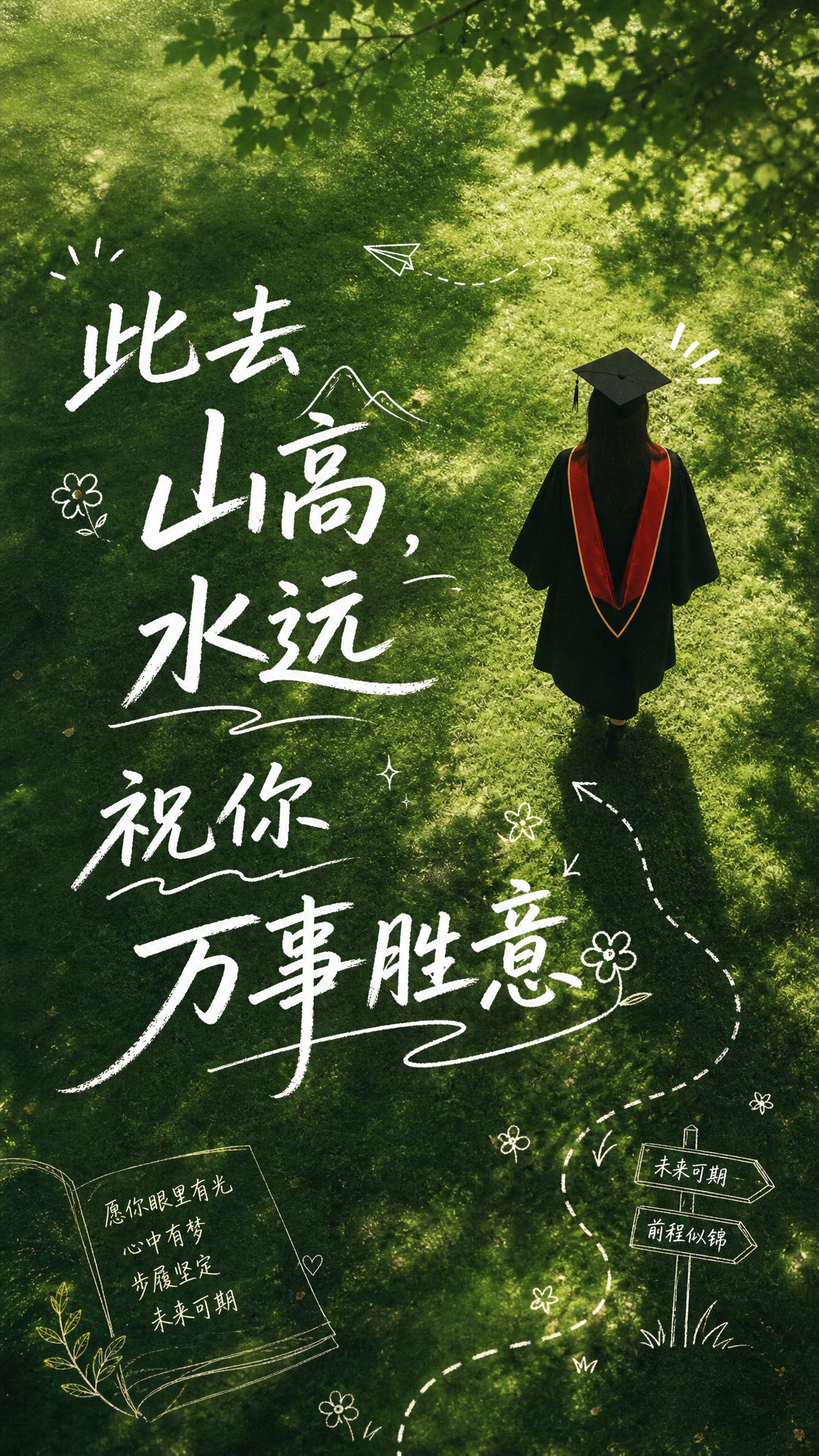 模仿参考图的设计风格和调性，绿色草地树荫背景，学士服背影人物，… - 图片创意预览