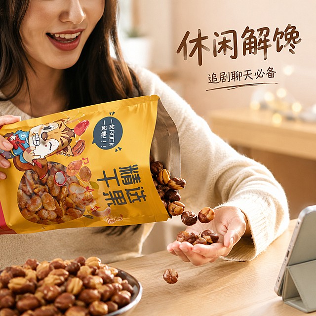 [主图-4] 牛肉味油炸兰花豆休闲场景展示；[氛围风格] 生活化休闲风，真实使用场景；[画质] 商业摄影质感、光线柔和通透、产品清晰真实、画面干净高级。[元素] 年轻女生手抓一把兰花豆，从包装袋中倒出，捕捉动态瞬间，展示酥脆颗粒；桌面放置打开的包装袋和手机，营造追剧休闲氛围；保持产品外观与输入产品图绝对一致，杜绝任何变形和色差，精细化处理。商品主体占比严格控制在70%左右；画面满屏无边框。[光影] 室内柔和暖光，捕捉动态颗粒，光影自然通透。[配色] 暖调浅木色背景，突出人物手部与产品，氛围轻松舒适。[视角构图] Vlog抓拍视角，动态自然，景深适中。[文字版式] 右上角放置文案“休闲解馋”，手写深棕字体；短句“追剧聊天必备”小字号辅助。[比例分辨率] 1:1 比例，4k 分辨率；文字清晰锐利，画面超高清。[负向提示词] 变形，水印，文字错乱，产品图模糊，背景杂乱。