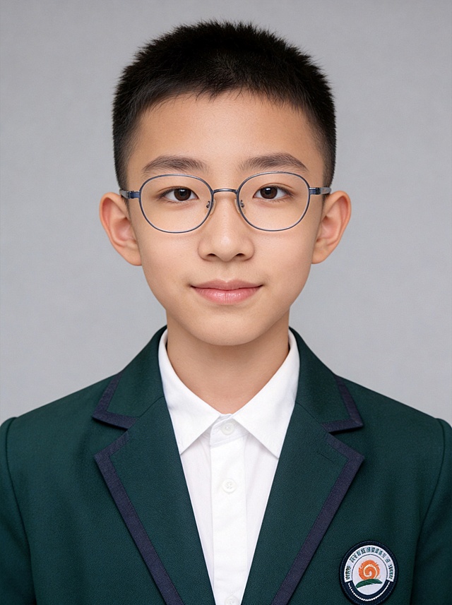 https://gdesign-dam-hz.dancf.com/35933000405735540/b7bcc8f627cf4028a9419cb7ca778e47.jpg https://gaoding-market.dancf.com/market-operations/independent/side/8db35d43c7c24bc6923dc77e1b3e6591/1773891387461.png 保留第一张图中人物发型､脸型､年龄特征生成标准样式纯正面儿童证件照;人物主体严格居中,头部大小与位置严格对齐第二张图,双肩水平平衡,面部中轴线对齐画面中心,正视前方;标准儿童证件照构图,人物绝对居中,头顶上方距离上边缘高度10%,下巴距离画面下边缘高度36%,人物主体占比约72%;肩部平展与画面水平轴平行;头部占比严格对齐第二张图;提亮肤色,消除暗沉,清透裸妆,隐形毛孔,均匀肤色,唇色自然提亮;肤色白皙细腻,原生轻透肤质;眼神澄澈,看向镜头,气质自信,嘴角微微上扬表情自然;耳廓可见度一致;肩部平展,肩线与画面水平轴平行;头肩比例协调呈现;免冠,不戴帽子,无头饰,无发带,五官完全露出,身着藏青绿色精纺西装外套，带有深色包边与校徽胸标，平驳领设计；内搭白色翻领棉质衬衫，佩戴眼镜，眼镜无反光。柔和正面顺光均匀柔光,面部明亮无硬影,背景均匀提亮,画质清晰,零噪点降噪;面部清晰;背景亮度均匀统一;高清锐利画质,细节清晰可见;零噪点处理;色彩还原自然,均匀柔和布光,无明显阴影,面部光影干净,柔光正面打光,自然光影过渡,皮肤质感细腻,哑光质感,标准焦段50mm,纯正面,入境范围头部至胸部以上区域,F/4光圈(兼容F/2.8-F/4区间),平视视角(镜头与人物视线完全齐平),正视视图;人物绝对居中(居中构图),位于画面中心;严格限定标准证件照规格;视线水平(瞳孔连线与画面水平线平行);双耳对称露出,双肩水平且平衡,头部占比严格对齐垫图,禁止大头照;专业证件照质感,高清人像质感,细腻皮肤纹理,高分辨率,严格按照第一张图内容生成,分辨率4K,极简纯色灰色背景, 画面比例67:90