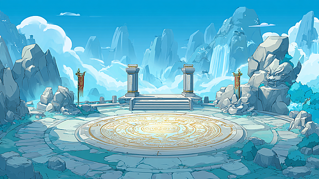 二次元国风仙侠RPG手游战斗场景，anime Chinese xianxia mobile RPG battle arena environment，云海仙门试剑台，一座悬浮在云海之上的大型圆形战斗平台，中央刻有发光仙法阵，地面是青白玉石材质，周围有破损石柱、仙门旗帜、玉石栏杆和悬浮符文，远处是浮空仙山、云雾、飞瀑和飞剑阵，清透明亮的蓝白金配色，仙气缭绕，适合角色战斗的开阔空间，清晰的前景中景远景，二次元动画场景风格，干净线稿，赛璐璐上色，柔和光影，高品质商业手游场景概念图，wide shot, clear battle area, game environment concept art --ar 16:9 --style raw --s 140 --chaos 22 --no realistic, photorealistic, 3D render, Unreal Engine, western fantasy, dark fantasy, sci-fi, cyberpunk, gritty, horror, oil painting, thick painting, modern building, text, logo, watermark