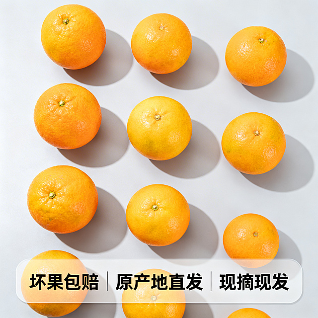 [主图 5] 赣南脐橙SKU与服务承诺，促进下单转化
[氛围风格] 干净清晰，信任感强
[画面元素] 商业摄影质感、光线柔和通透、产品清晰真实、画面干净高级。展示不同大小规格的赣南脐橙整齐排列，画面底部设置半透明悬浮条，两端留空，横向排列服务承诺，整体干净直观，所见即所得
[配色色系] 主色调：自然橙黄；辅助色：浅灰底深文字，对比清晰
[视角构图] 平铺平视，整体布局均匀整齐
[文字版式] 底部半透明悬浮条横向排列服务图标配文字：坏果包赔 原产地直发 现摘现发，文字清晰对比强，不遮挡产品主体
[比例分辨率] 1:1 800*800px 2k分辨率，文字清晰超高清
[负向提示词] 变形，水印，文字错乱，产品排列杂乱，文字遮挡主体