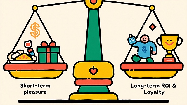 Illustration of a balance scale, left side sinking down with icons of dinner and gift box labeled “Short-term pleasure”, right side lifted up with icons of health, smiley face, and trophy labeled “Long-term ROI & Loyalty”, metaphorical, light background, corporate illustration --ar 16:9