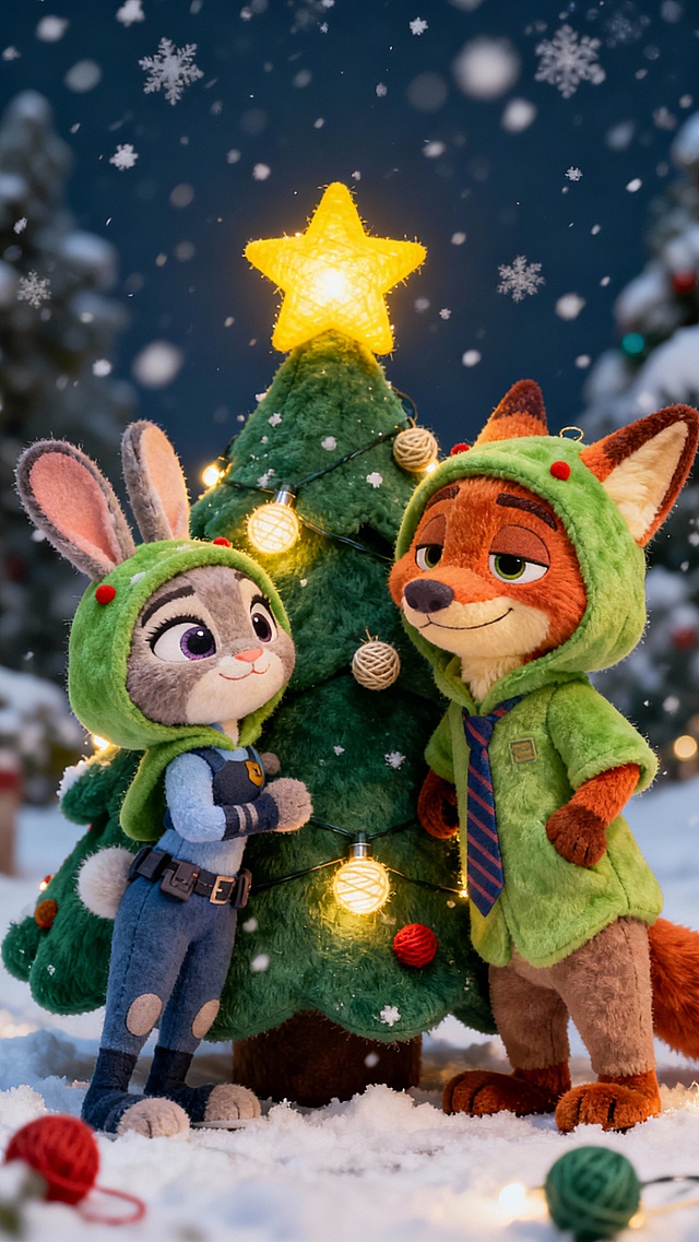 软3D风卡通角色，拟人化动物穿毛绒外套，围绕圣诞树，毛发生长质感与面料细节丰富，雪夜温馨喜庆。