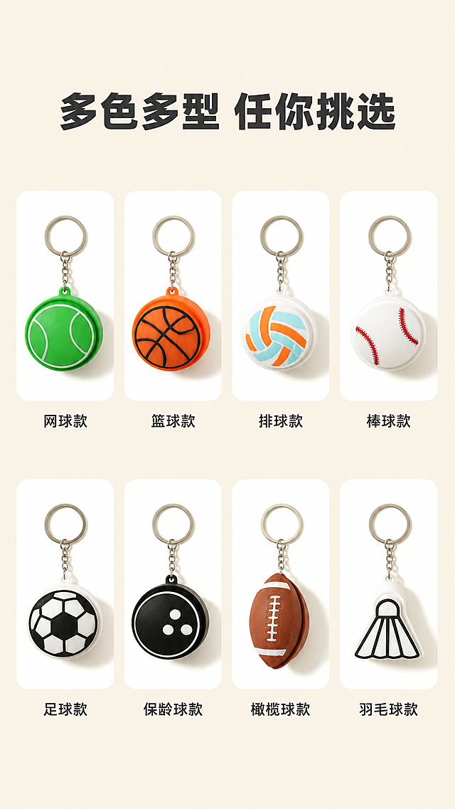 [第4屏] 全系列展示-所有款式全家福总览。
[氛围/风格] 整齐陈列，清晰展示，活泼多彩的商业陈列风格。
[元素布局] 8款解压钥匙扣按照2行4列整齐排列在浅米色背景上，每款产品单独一个浅色圆角卡片衬托。每款产品保持原输入图中的颜色和图案完全一致，从上到下从左到右依次为：绿色网球款、橙色篮球款、白蓝橙排球款、白色棒球款、黑白足球款、黑色保龄球款、棕色橄榄球款、白色羽毛球款，每个产品下方标注对应名称。产品整体占画面70%，背景留白充足，整体无边框满铺。
[光影质感] 均匀柔和主光，每个产品都清晰呈现，阴影自然，色彩还原真实。
[配色色系] 全局底色：#F5F0E6（浅米色）；每个产品卡片：#FFFFFF；文字#333333，保留所有产品原有色彩。
[视角构图] 俯视平铺陈列，整齐网格布局，清晰展示每一款产品。
[文字版式] 顶部主标题“多色多型 任你挑选”，粗体深灰色居中，每个产品下方标注对应名称，小号深灰色文字居中，清晰易辨。
[比例分辨率] 9:16竖版比例，2k分辨率，文字清晰可辨，超高清。
[负向提示词] 产品错位，颜色错误，图案变形，文字模糊，背景杂乱。