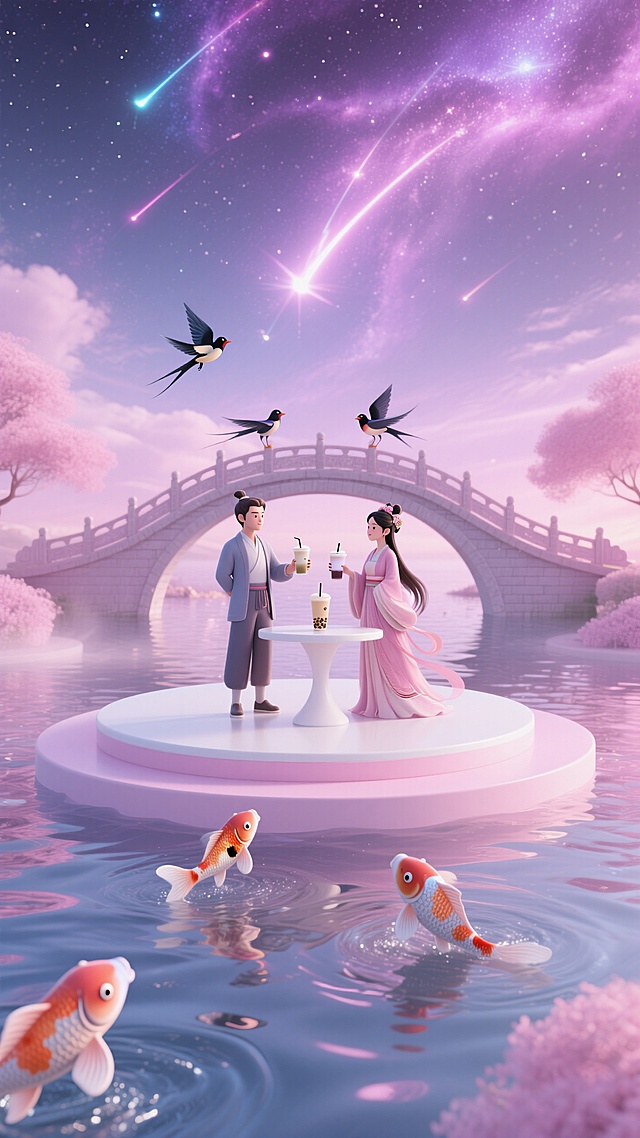 梦幻粉白色圆形展台在波光粼粼的水面上，2条小锦鲤在水中嬉戏，展台后面有两只小喜鹊飞在鹊桥上面，牛郎织女站在展台上，共同喝着一杯奶茶背景是粉紫色星云，流星划过，霓虹光效。