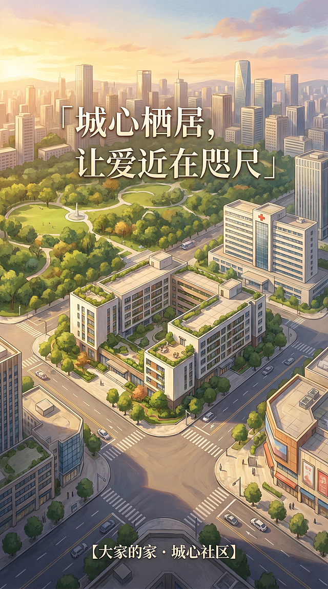 写实插画风格商业营销海报，9:16竖版，画面主体为城市核心地段的养老社区建筑全景，周边环绕城市公园、三甲医院、商圈地标，街道整洁交通便捷，社区外立面简约大气，绿植点缀，暖金色柔和自然光，细腻笔触，质感通透，画面干净无多余元素，海报中央配宣传语「城心栖居，让爱近在咫尺」，海报底部居中加小字【大家的家・城心社区】，无logo，无其他文字，高清画质，构图饱满，适老温馨氛围