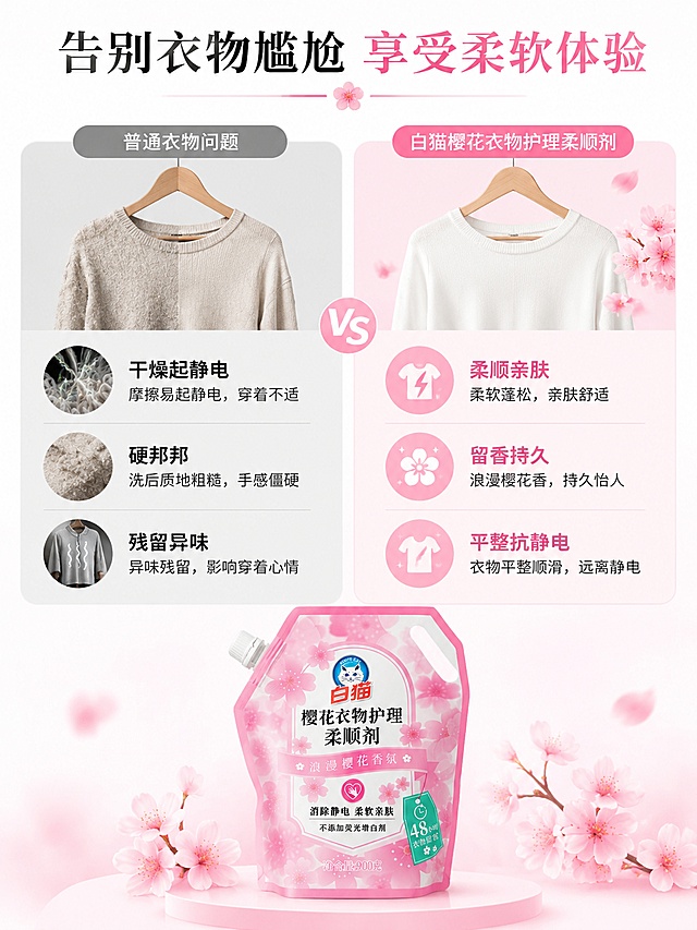[第2屏] 痛点对比页，衣物常见问题对比展示。本屏使用【图1】产品图。
[氛围/风格] 简洁干净对比风格，高端大气，信息层级清晰。
[元素布局] 画面上下分为两个区域，上半区域左侧展示普通衣物问题，右侧使用本产品护理后的效果对比。左侧标注"干燥起静电 硬邦邦 残留异味"，搭配干枯起球衣物示意图；右侧标注"柔顺亲肤 留香持久 平整抗静电"，搭配柔软平整樱花香味衣物示意图。产品图放在画面下方居中位置，占比约25%。整体分层清晰，对比直观。
[光影质感] 均匀柔光照明，对比区域明暗区分明显，整体明亮干净。
[配色色系] 全局底色 #FFF5F8，保持与首屏统一，左侧问题区浅灰底，右侧效果区浅粉底，文字黑色为主，重点卖点粉色高亮。
[视角构图] 平面信息构图，左右分栏对比，底部产品展示，信息层级清晰。
[文字版式] 顶部主标题"告别衣物尴尬 享受柔软体验"，左右分栏对比标题，每个区域配3个痛点和优点，文字不拥挤，清晰可读，重点词汇粉色高亮标注。
[比例分辨率] 3:4竖版比例，4K分辨率，高清画质，文字清晰可辨。
[负向提示词] 变形，文字错乱，水印，信息混杂，对比不清晰，产品变形