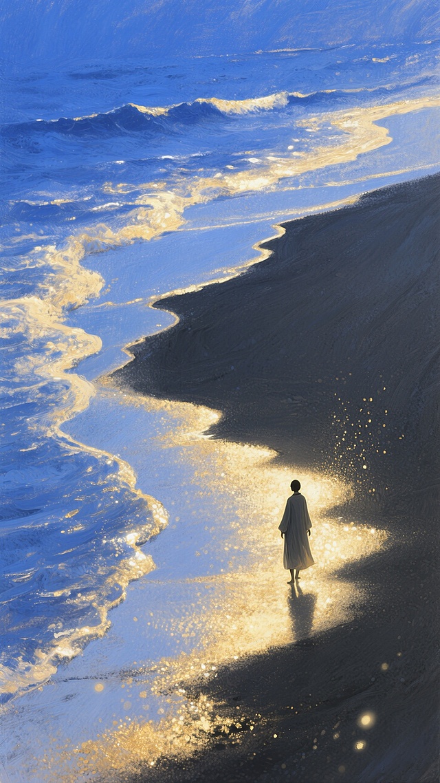 S形深蓝色的海，金色发光的缓浪，黑色的沙滩，一个海边行走的小人，长阴影，蓝调朦胧的氛围，极简干净的画面，金铂岩彩晕染