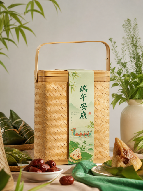 方形竖款手提竹篮，竖着缠绕端午主题腰封，搭配端午粽子红枣和绿植布景，自然柔和光线，高清写真风格，真实质感，清新传统端午氛围预览效果
