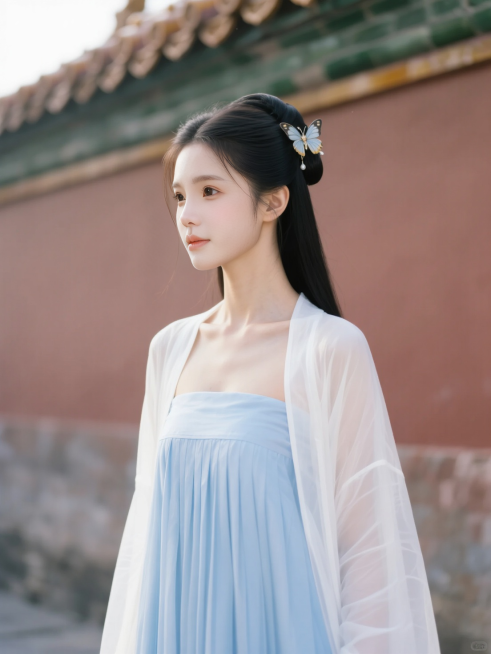 人物穿上淡蓝色长裙，外披白色纱衣，露出线条优美的颈项和清晰可见的锁骨，裙幅褶褶，背景是宫墙，头插蝴蝶钗，一缕青丝垂在胸前，古代秀女形象预览效果