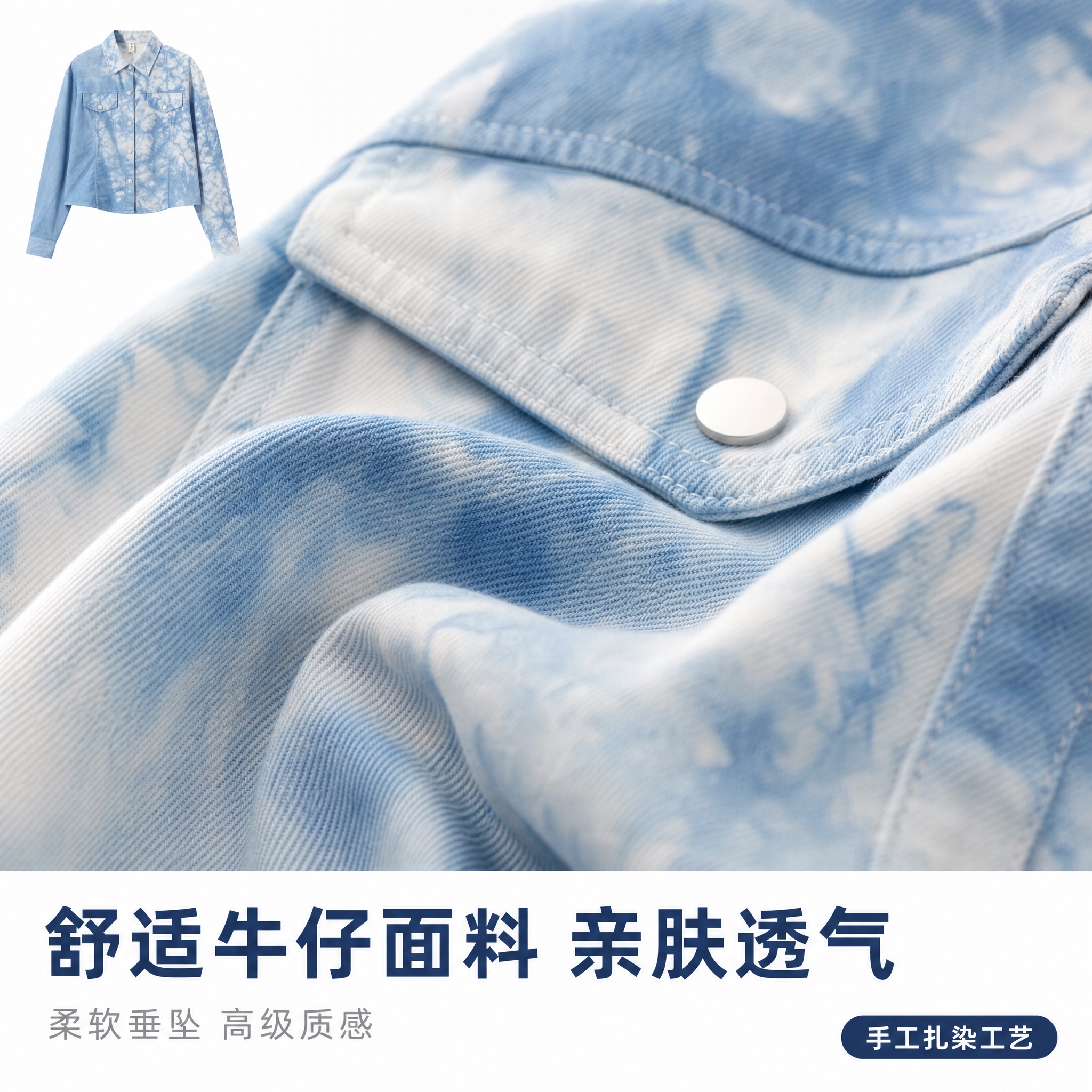 [主图-3] 面料细节特写展示，突出牛仔面料的舒适质感和扎染工… - 图片创意预览