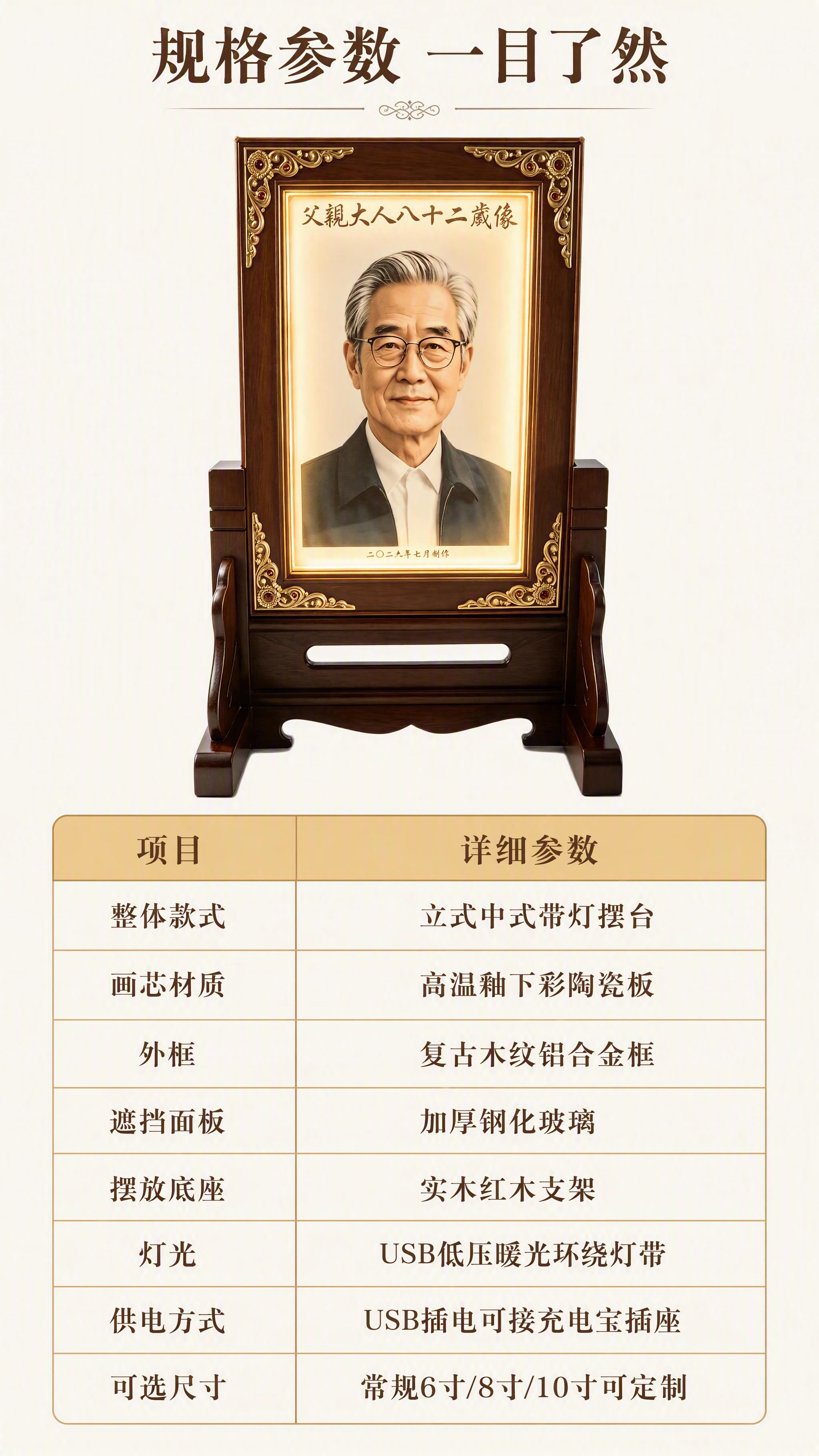[第7张] 尺寸规格参数表页-中式带灯高温陶瓷先人肖像纪念摆台… - 图片创意预览