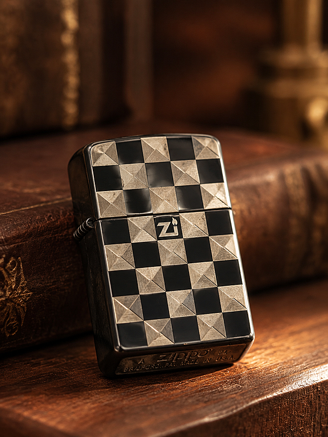 电商主图，商业静物摄影，以棋盘格金属打火机为主体，完整保留黑银立体棋盘纹路、机身Z标识、外壳造型、底部刻印，产品纹理无畸变。打火机展示角度为斜侧特写，欧洲贵族复古轻奢质感，古董胡桃木与皮革布景，暖调侧逆光，高级静物商业摄影，金属漆面细腻反光，自然相机颗粒感，真实光影层次，浅景深，画面高级厚重，无多余杂物，8K高清，对焦打火机主体。禁止出现：棋盘格图案错乱变形，标识扭曲，机身比例崩坏，塑料假质感，AI渲染感，水印文字，画面杂乱，畸形物体，模糊失焦，卡通画风，鲜艳刺眼色彩